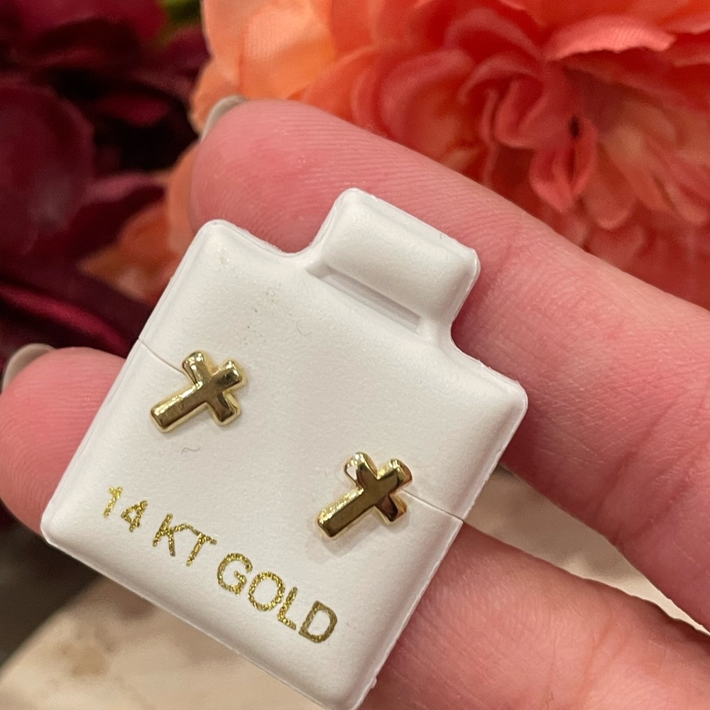 Real Solid 14K Yellow Gold Cross Screwback Earrings